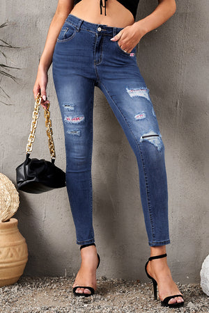 Aztec Patch Ripped Slim-fit Jeans