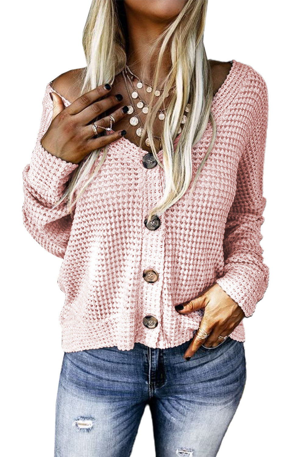 Waffle Knit Buttons V Neck Cardigan
