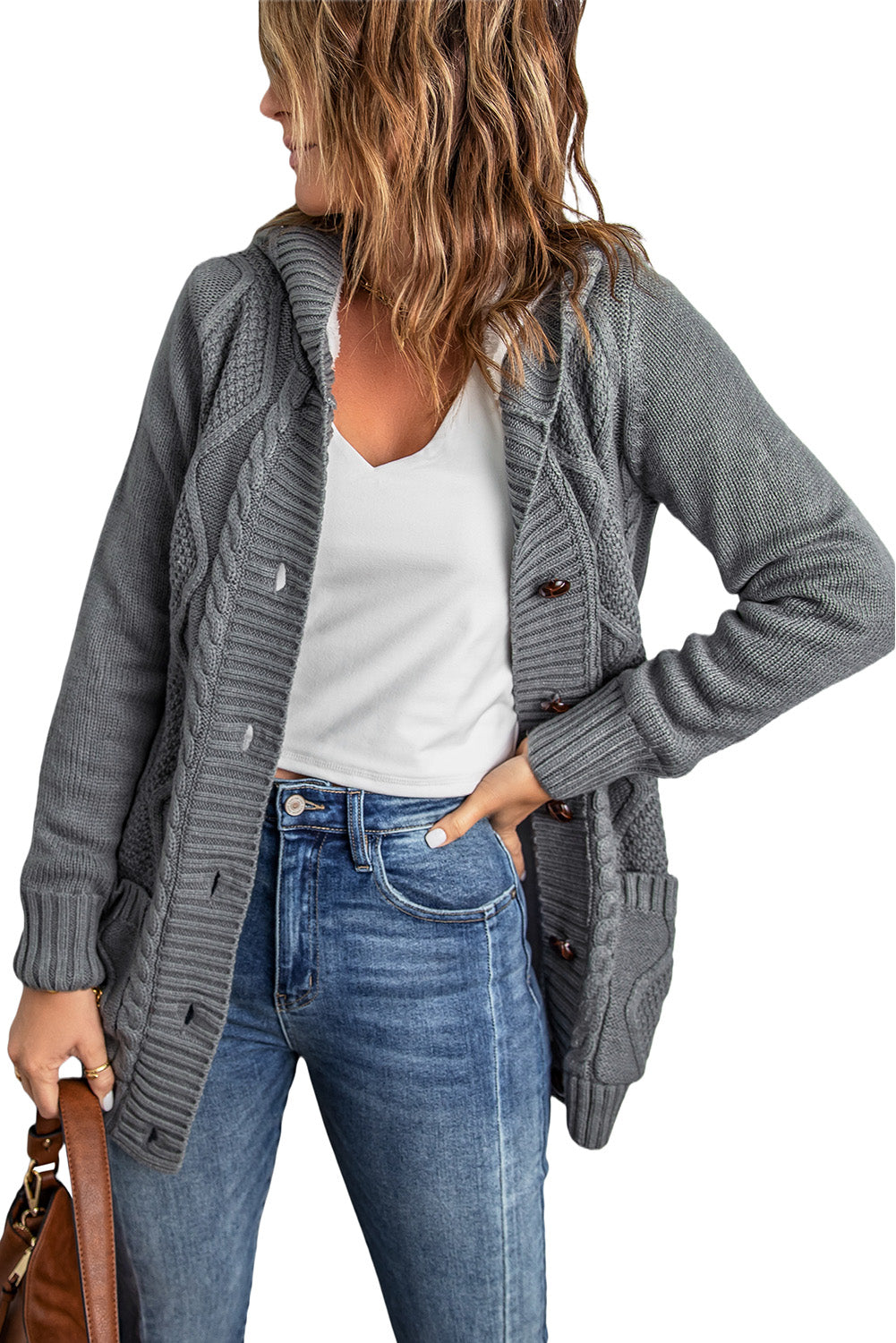 Gray Buttoned Hooded Open Front Knitted Sweater