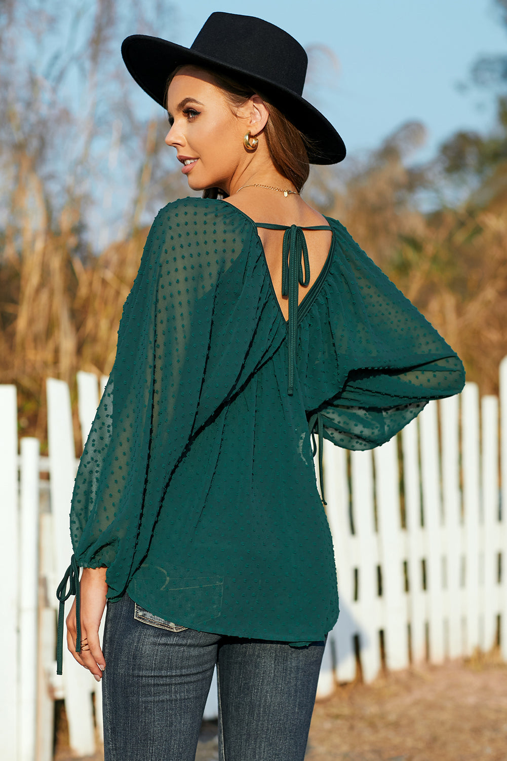 Green Swiss Dot Lace-up V Neck Long Sleeve Top