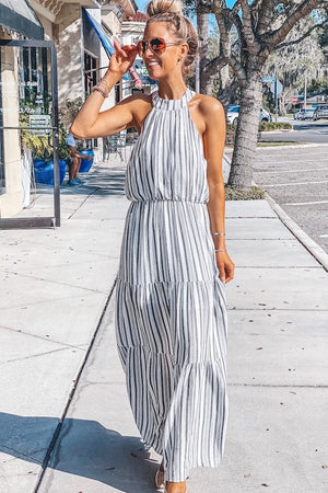 Halter Neck Sleeveless Cutout Tiered Striped Maxi Dress