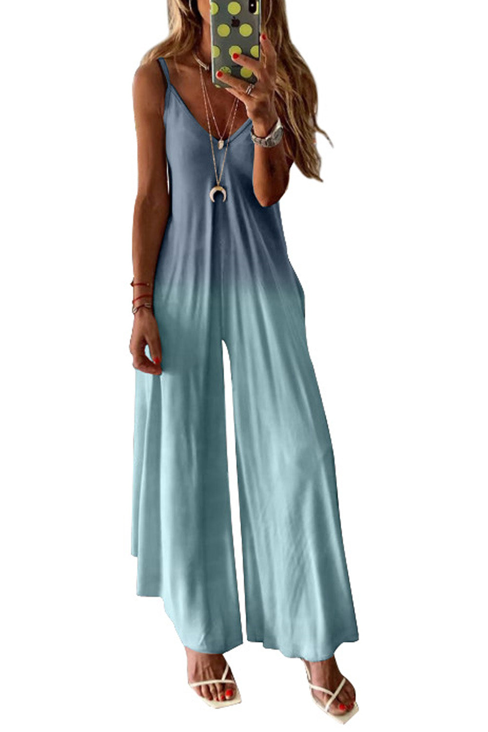 Sky Blue Gradient Color Spaghetti V-Neck Wide Leg Jumpsuit