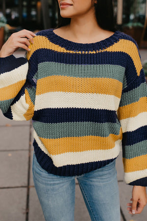 Blue Striped Puff Sleeve Knitted Pullover Sweater