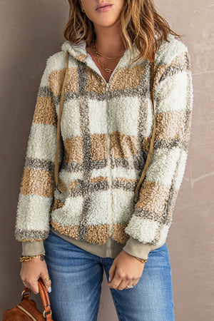 Brown Plaid Print Zipper Fleece Hooded Coat