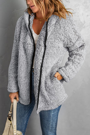 Dark Gray Open Front Long Sleeve Hooded Sherpa Coat