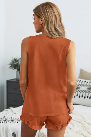 Orange Crew Neck Tank and Drawstring Ruffled Shorts Lounge Set