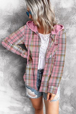 Pink Drawstring Plaid Hooded Shirt Coat