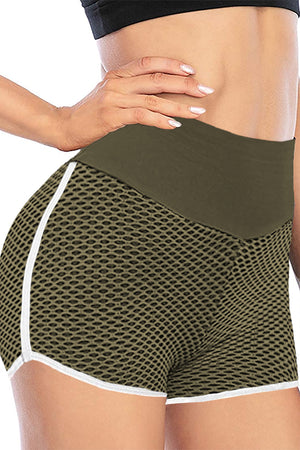Green High Waist Honeycomb Contrast Stripes Butt Lifting Yoga Shorts