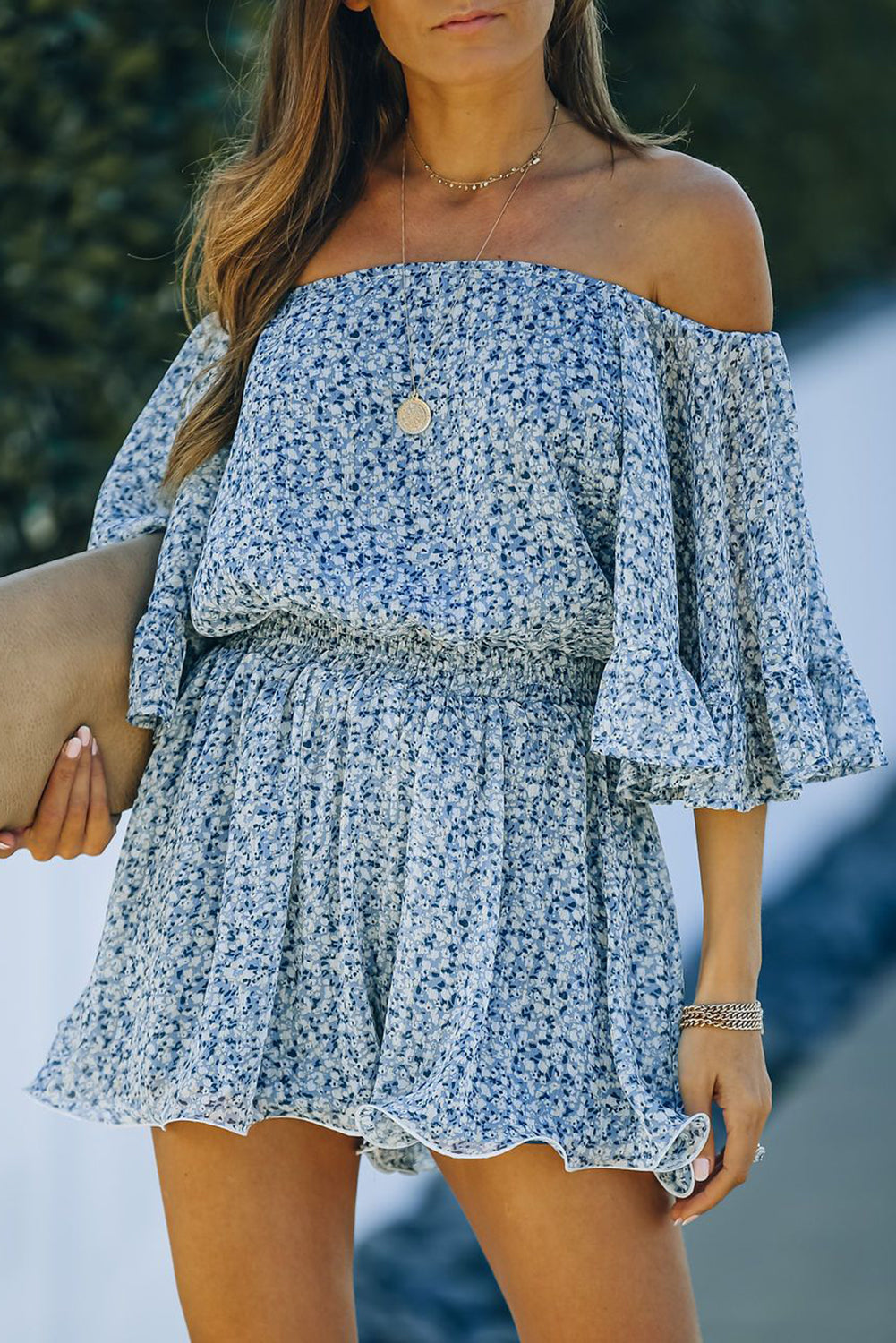 Blue Off Shoulder Bell Sleeves Floral Romper