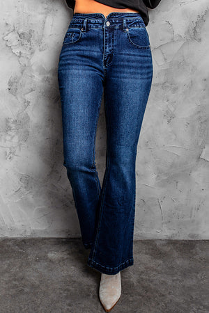 Blue High Rise Buttoned Flared Jeans