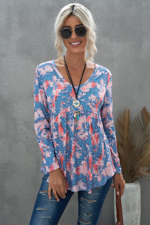 Blue Leopard Tie Dye V Neck Pleated Long Sleeve Top