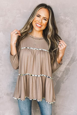 Khaki Leopard Splicing Ruffle Long Sleeve Top