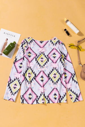 V Neck Striped Aztec Print Twisted Long Sleeve Top