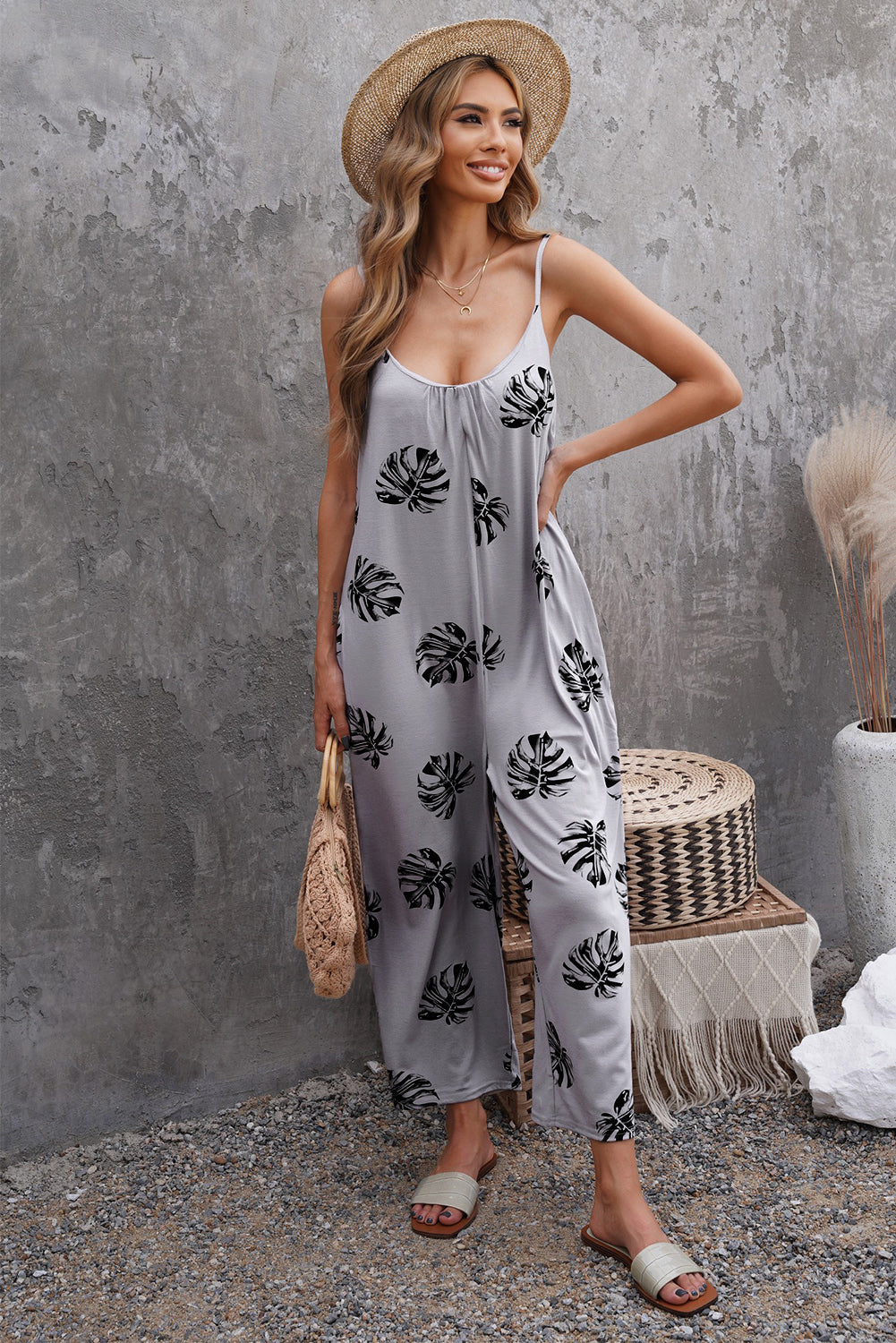 Gray Palm Leaves Print Spaghetti Strap Wide Leg jumpsuit