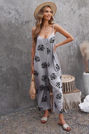 Gray Palm Leaves Print Spaghetti Strap Wide Leg jumpsuit