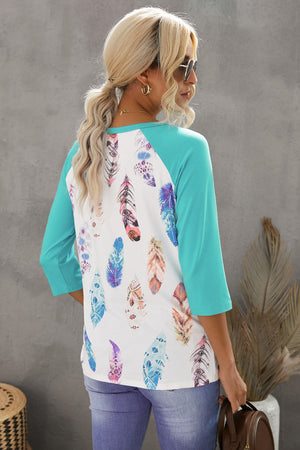 Green Feather Print 3/4 Raglan Sleeve Top
