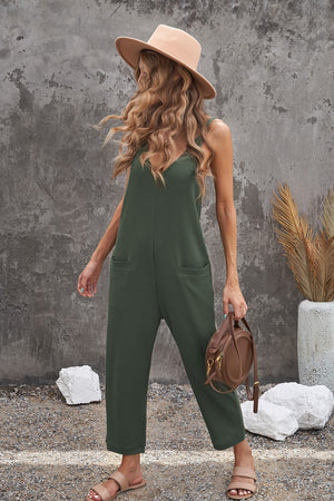 Green Sleeveless Wide Leg Loose Jumpsuit with Pocket