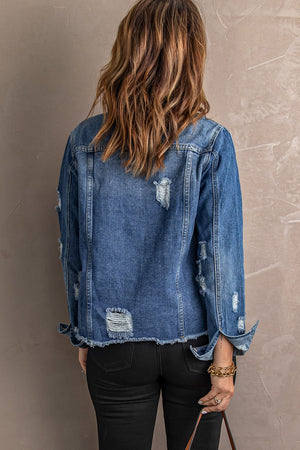 Blue Lapel Distressed Raw Hem Buttons Denim Jacket