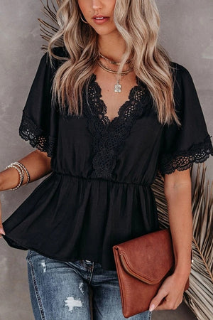 Black Lace Splicing V Neck Short Sleeve Blouse