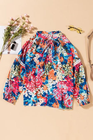 Multicolor Floral Print Belt Bubble Sleeve Top