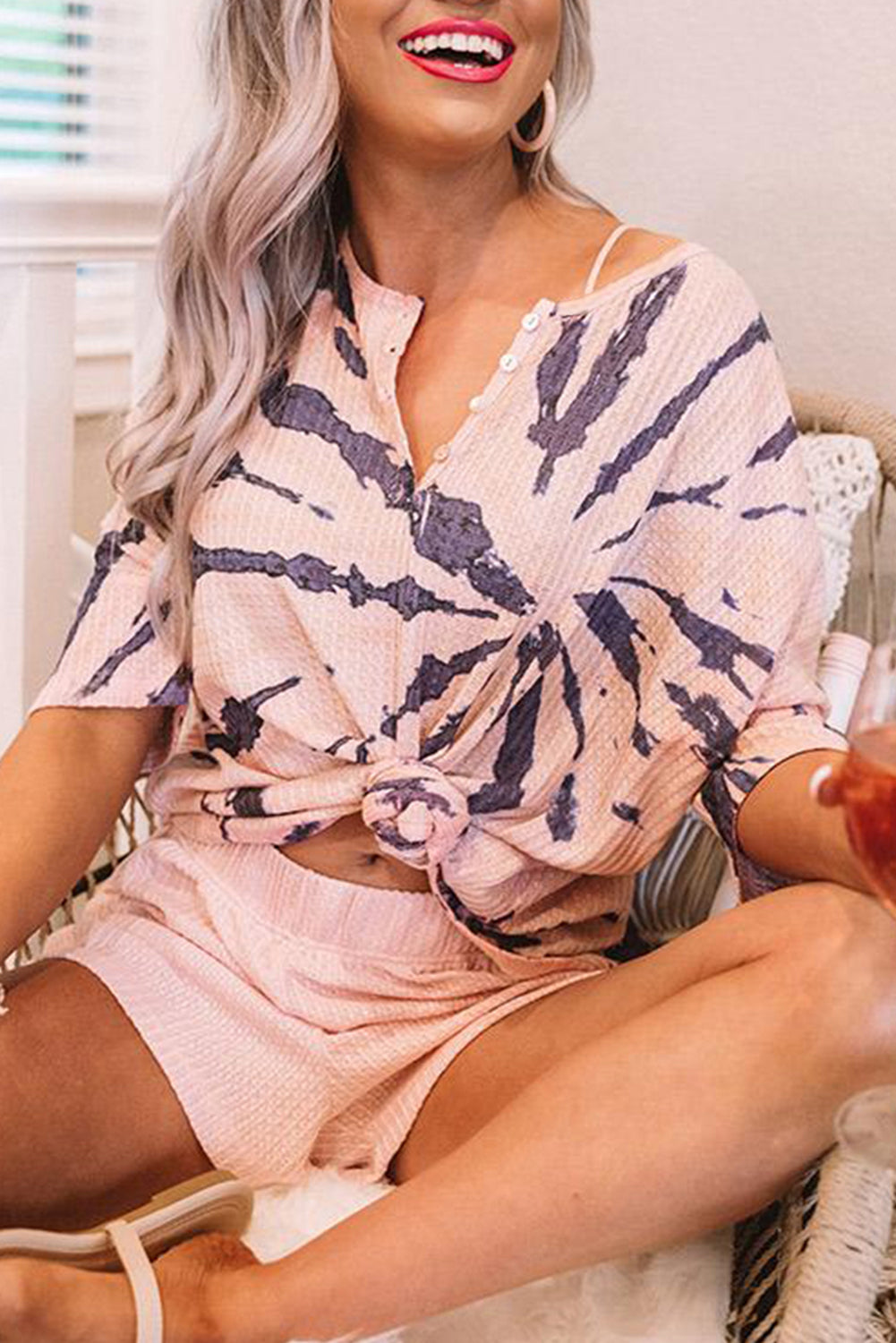 Pink Camo Print Waffle Knit Lounge Set