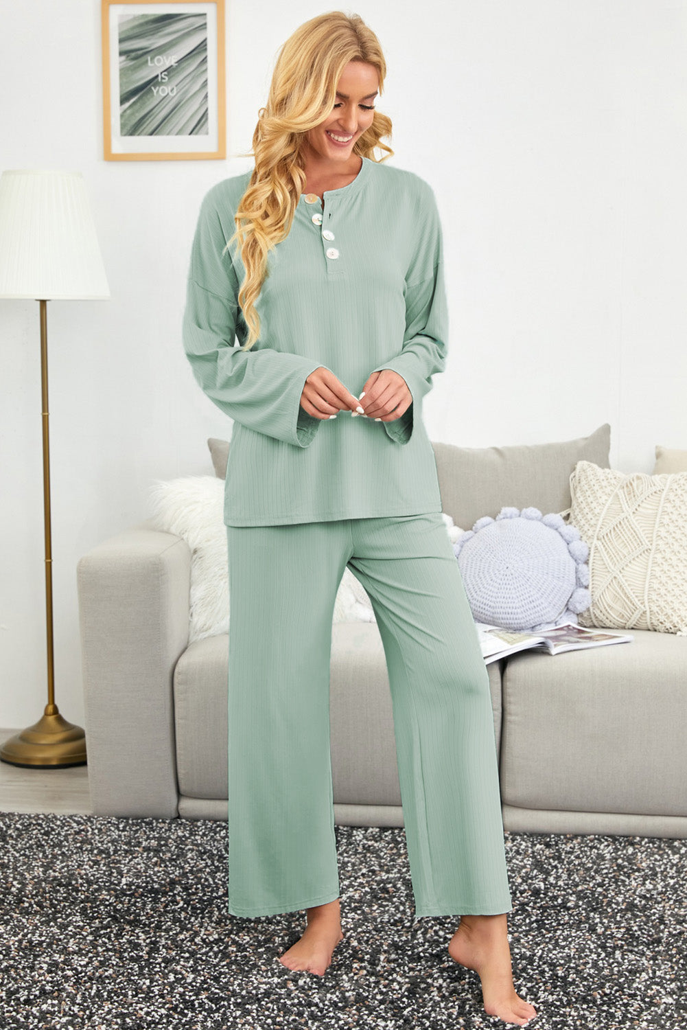 Green Long Sleeve Buttoned Wide Leg Lounge Wear