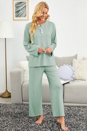 Green Long Sleeve Buttoned Wide Leg Lounge Wear