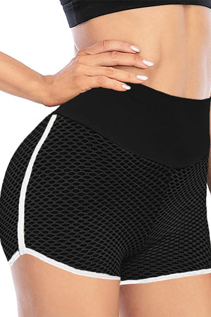 Black High Waist Honeycomb Contrast Stripes Butt Lifting Yoga Shorts