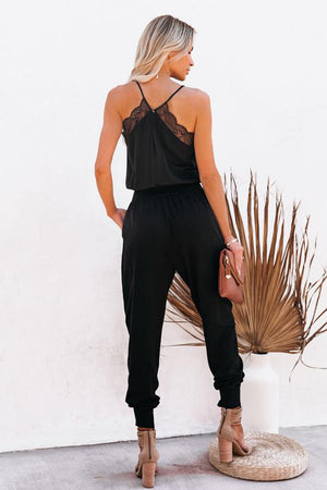 Black Lace Patchwork Spaghetti Strap Slim-fit Jumpsuit
