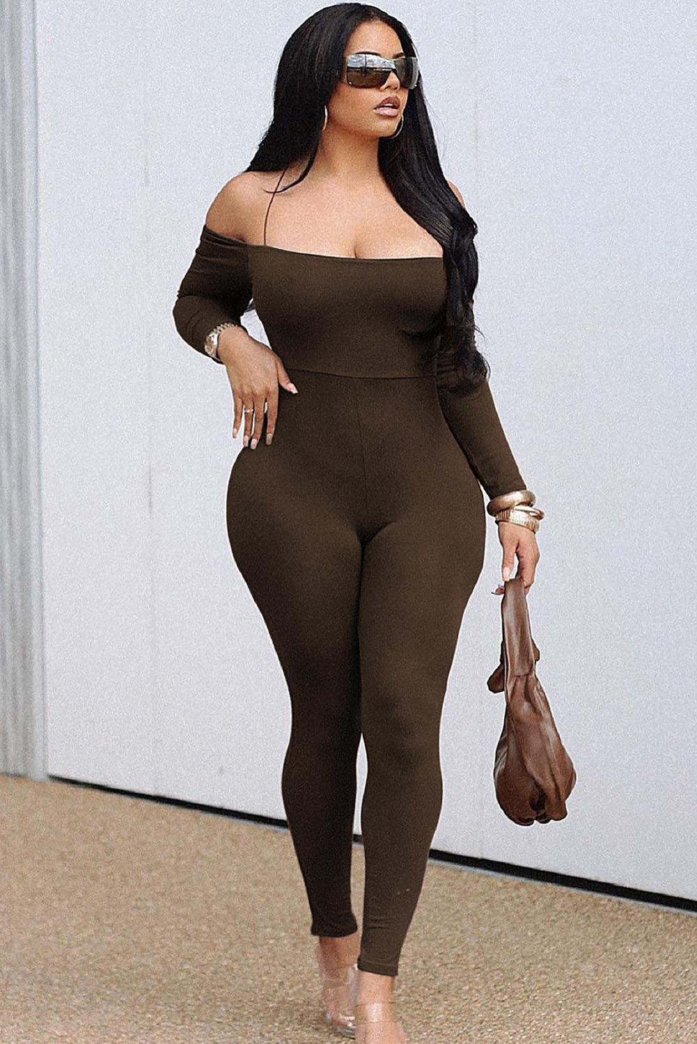 Brown Off Shoulder Skinny Jumpsuit