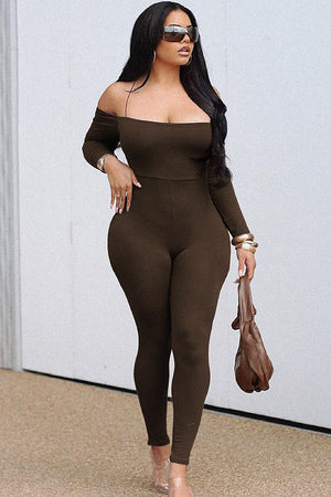 Brown Off Shoulder Skinny Jumpsuit