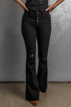 Black Button Fly Distressed Bell Bottom Jeans