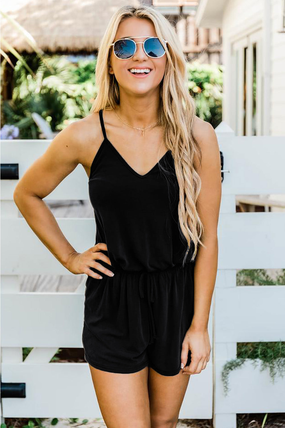Black Spaghetti Straps V Neck Crisscross Back Romper
