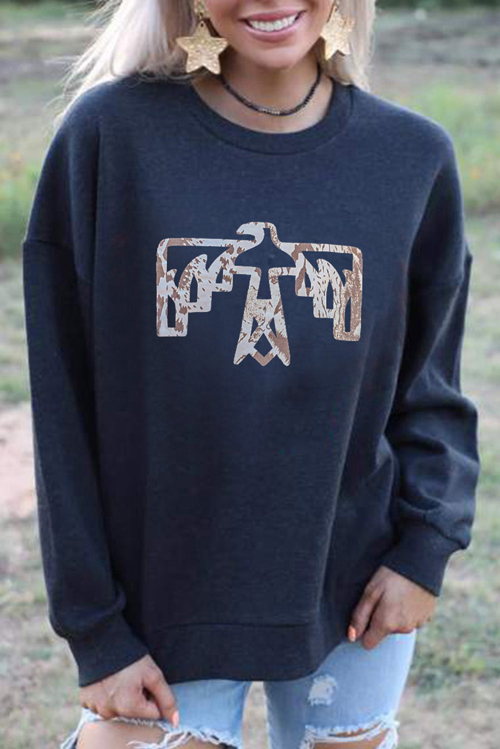 Bird Shape Print O Neck Drop Shoulder Sweatshirt