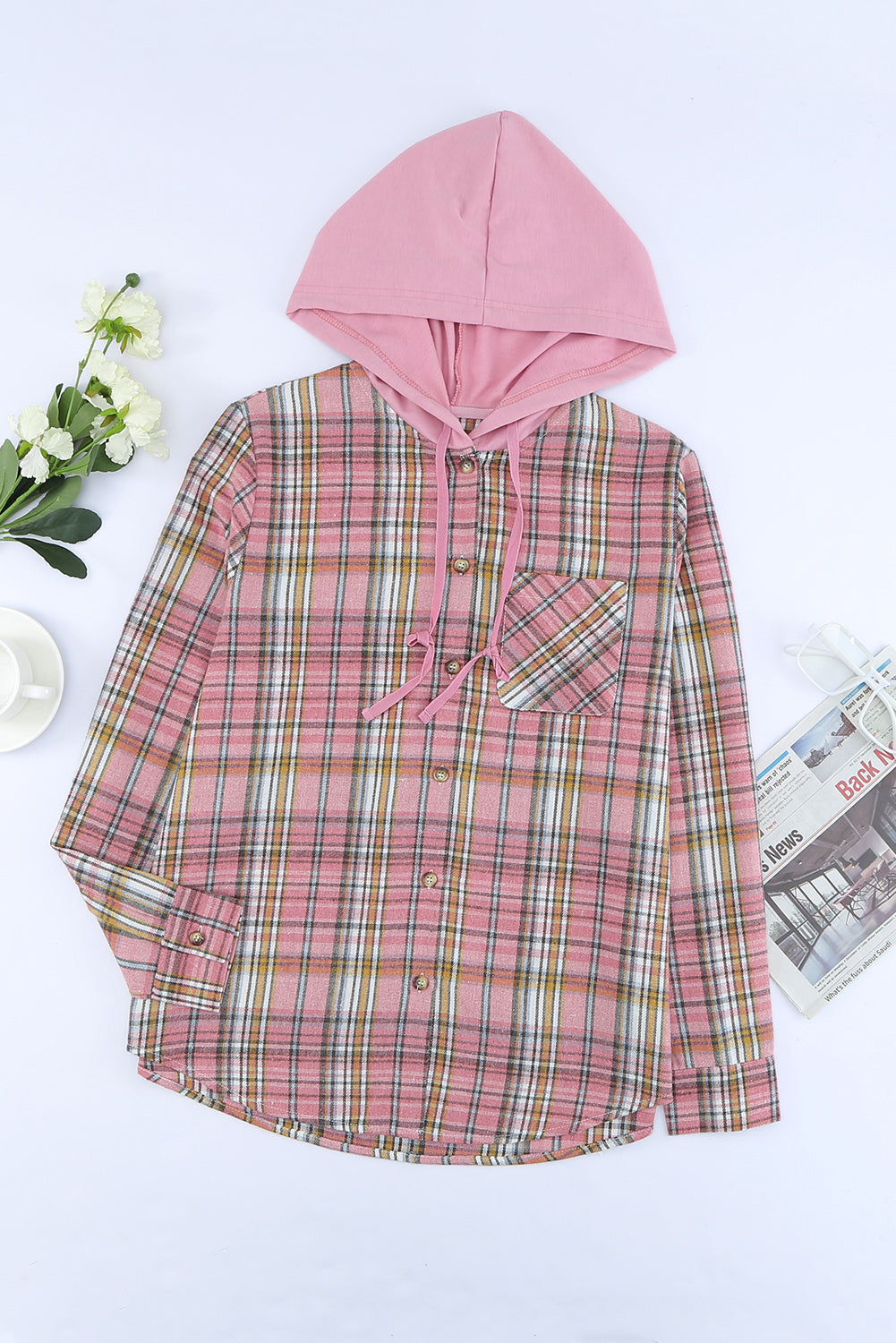 Pink Drawstring Plaid Hooded Shirt Coat