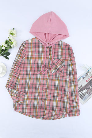 Pink Drawstring Plaid Hooded Shirt Coat