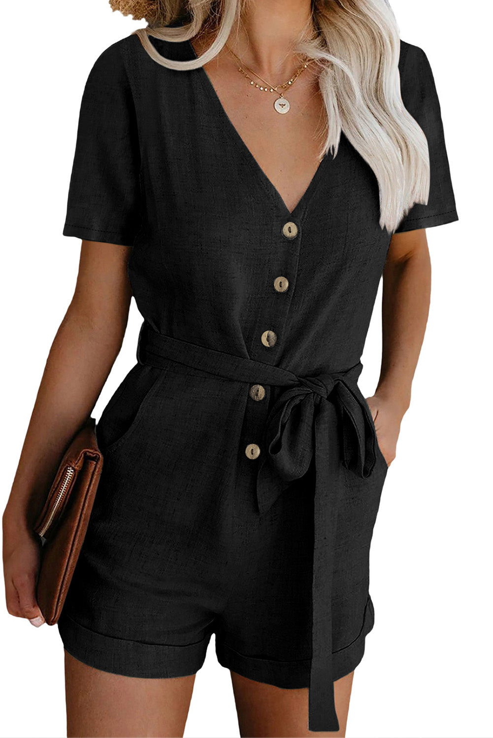 Black V Neck Short Sleeve Buttons Belted Romper with Pockets