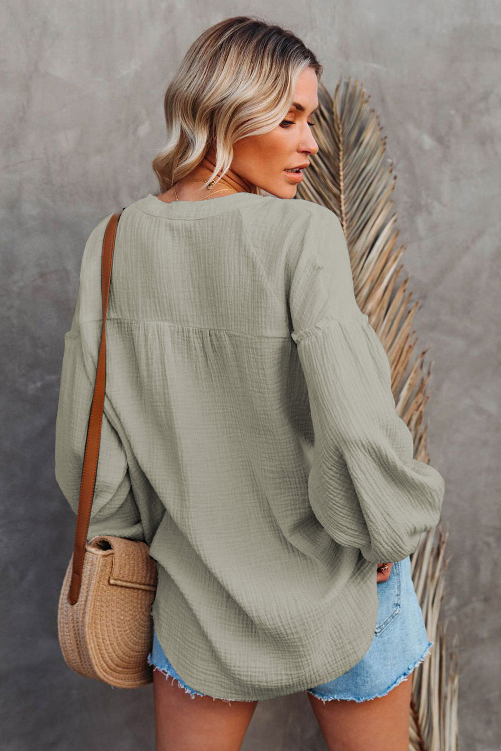 Green Casual Balloon Sleeve Crinkled Top