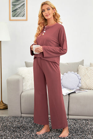 Long Sleeve Buttoned Wide Leg Lounge Wear