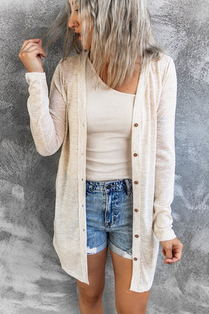 Beige Solid Color Open-Front Buttons Cardigan