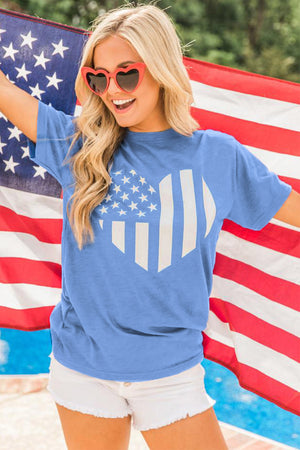 Sky Blue American Flag Heart Print Graphic Tee