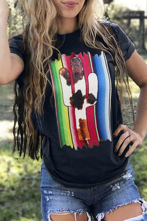 Striped Cow Cactus Print Short Sleeve T-shirt