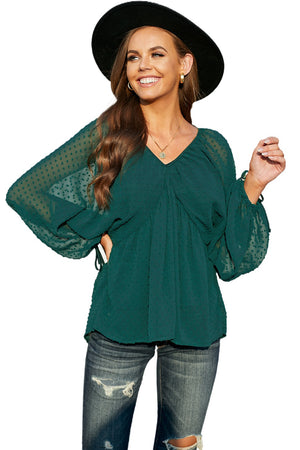 Green Swiss Dot Lace-up V Neck Long Sleeve Top