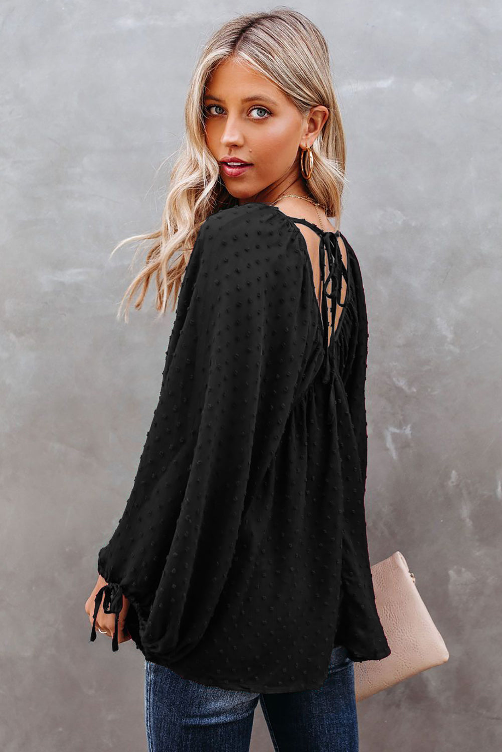 Black Swiss Dot Lace-up V Neck Long Sleeve Top