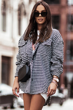 Black Buttoned Turn Down Collar Plaid Print Jacket