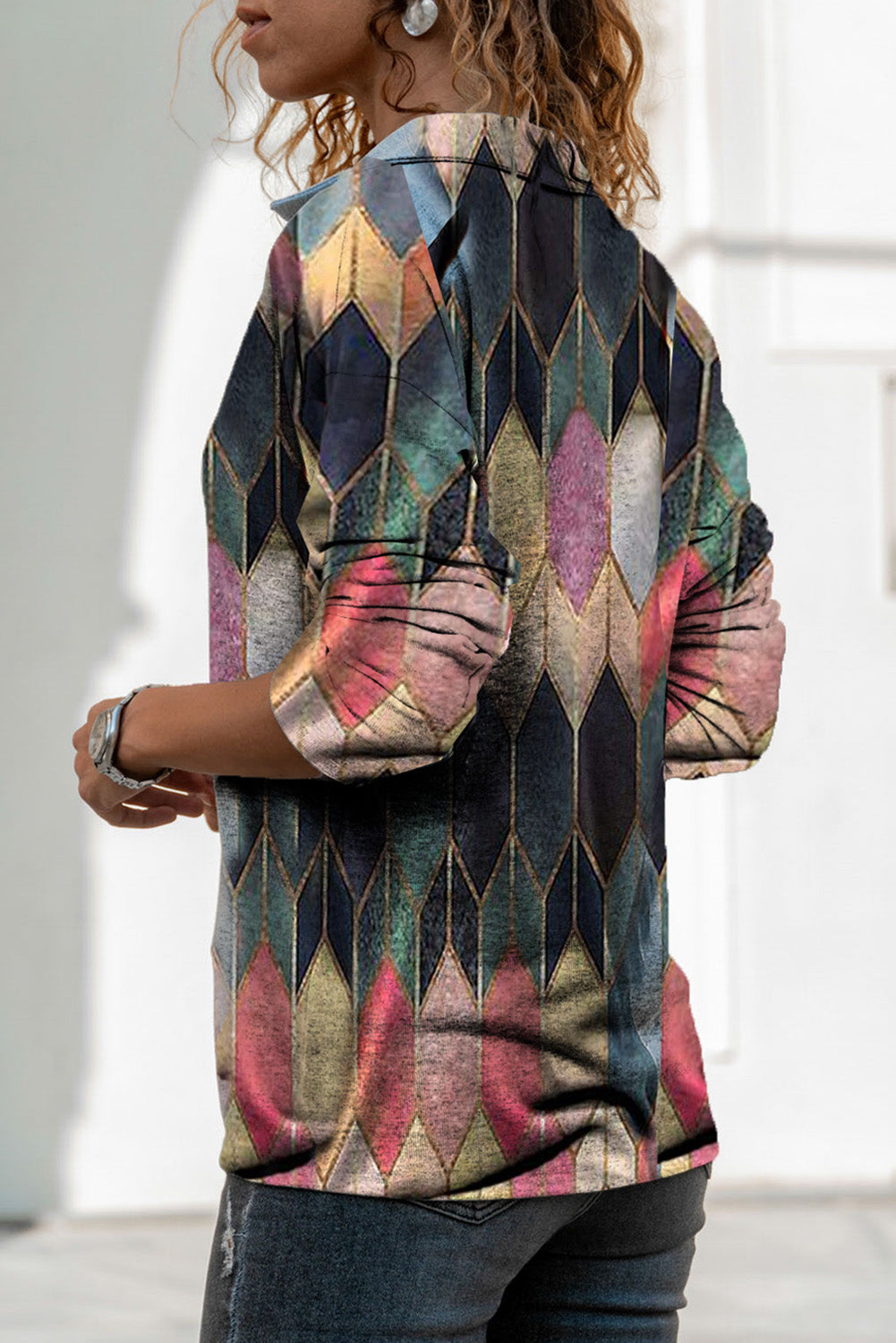 Pink Turn-Down V Neck Geometric Print Casual Blouse