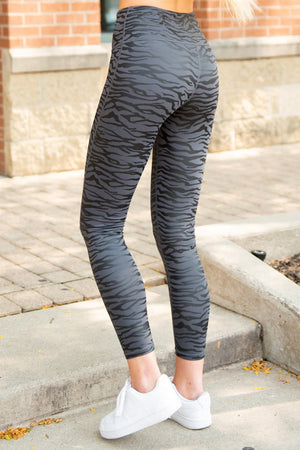 Black High Waist Tummy Control Zebra Stripes Print Leggings