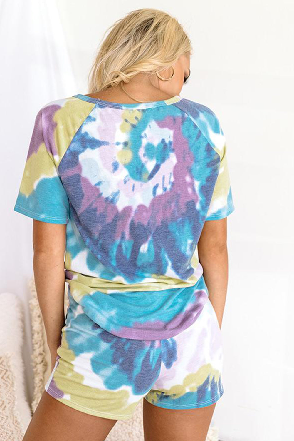 Blue Tie-dye Print Tee and Drawstring Shorts Lounge Set