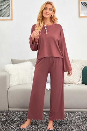 Long Sleeve Buttoned Wide Leg Lounge Wear