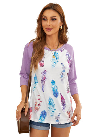 Purple Feather Print 3/4 Raglan Sleeve Top